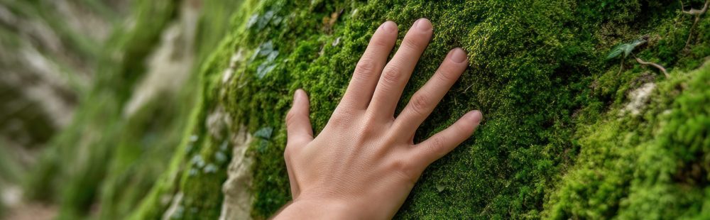 A hand touching green moss on rock in forest nature, close up of human skin feeling soft moss texture outdoors
