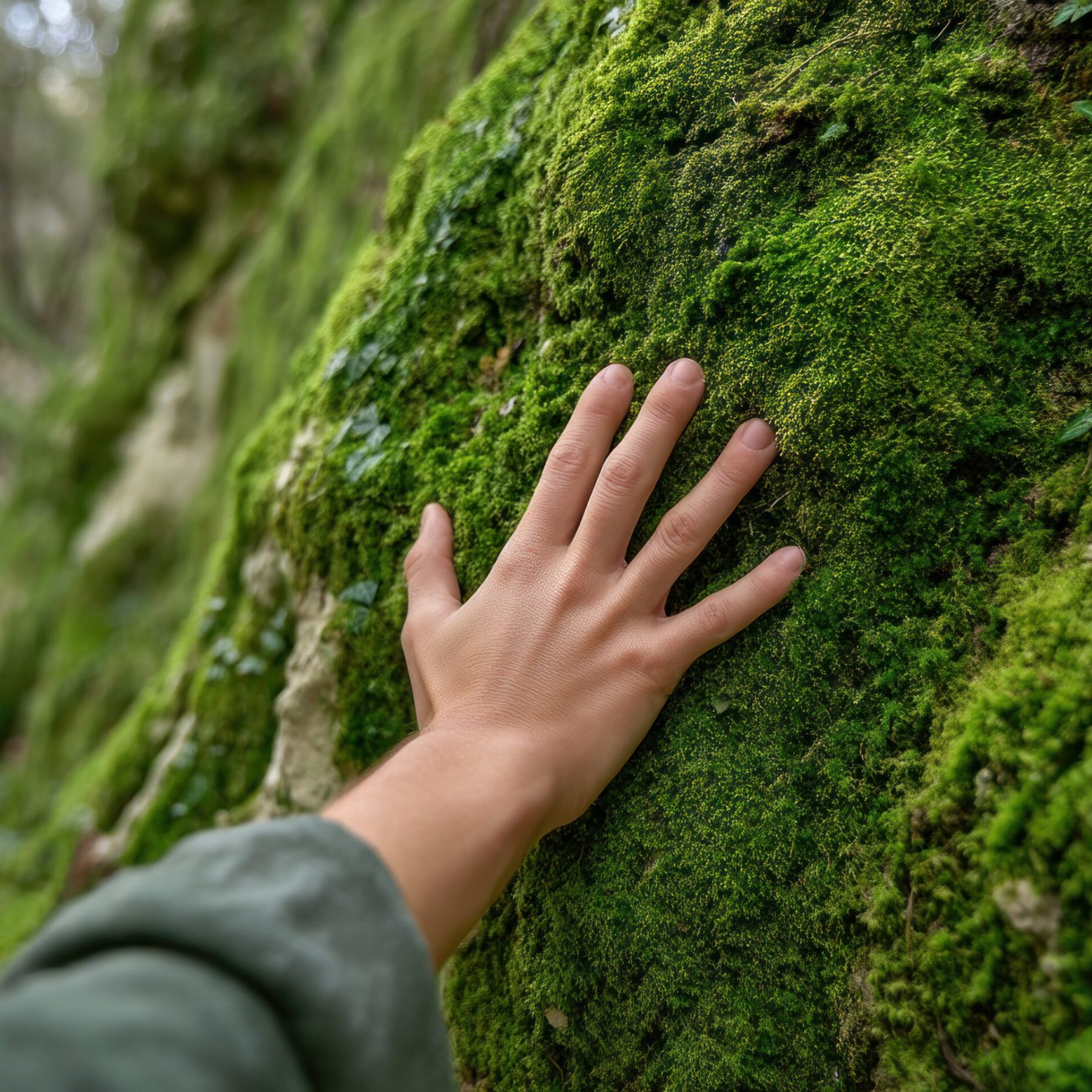 A hand touching green moss on rock in forest nature, close up of human skin feeling soft moss texture outdoors