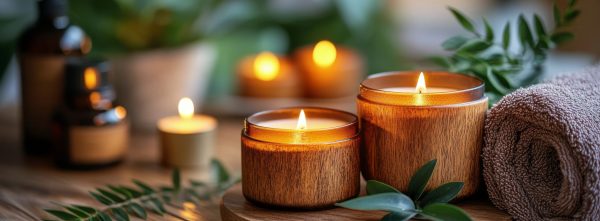 A tranquil spa setup featuring lit candles, a bottle of essential oil, and soft towels surrounded by tropical leaves and vibrant flowers in the warm evening light.